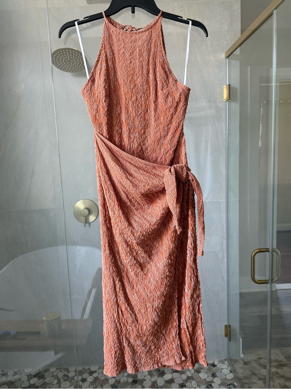 Lulus Amalfi Muse Rust Brown Striped Cutout Faux Wrap Midi Dress